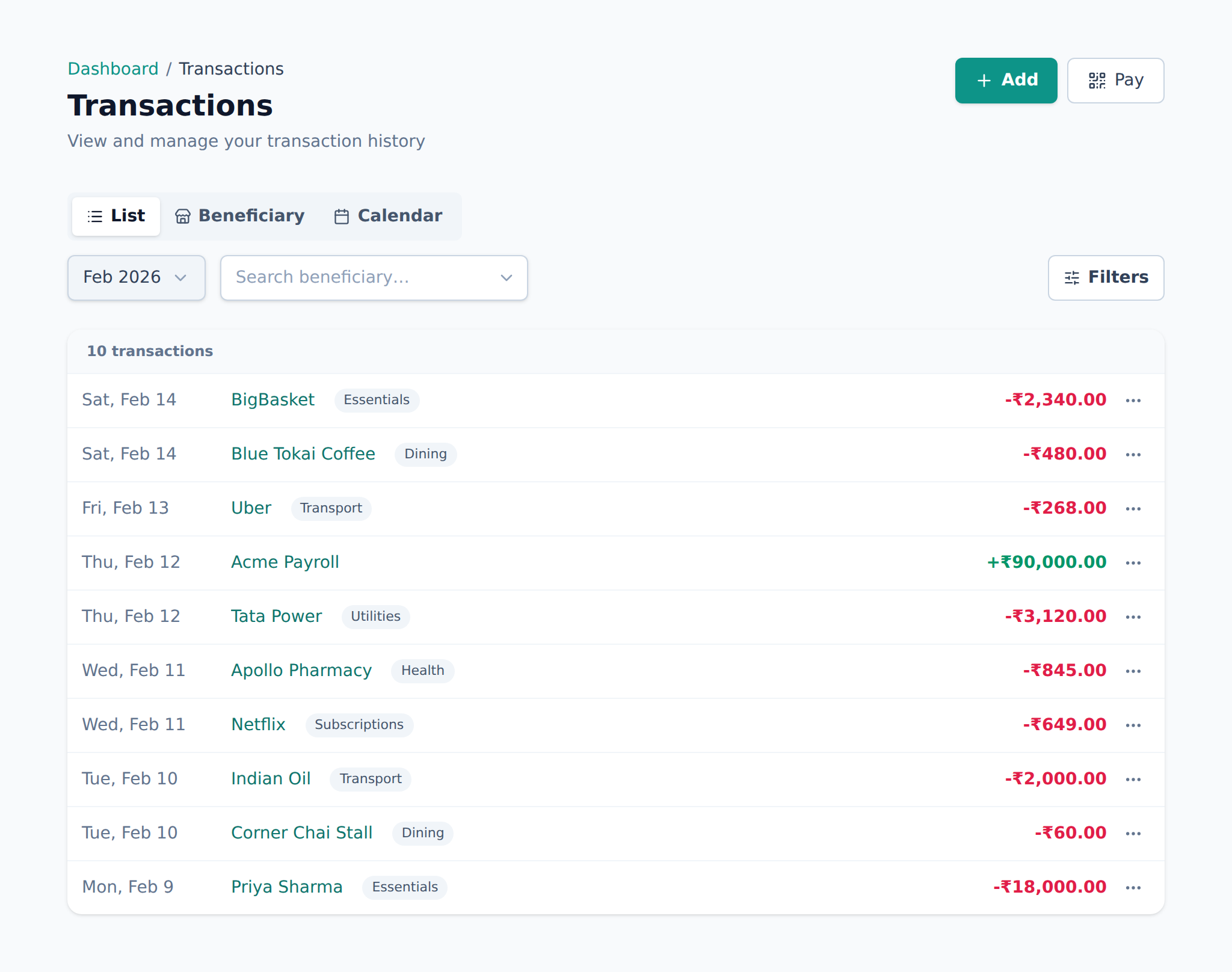 The transactions list